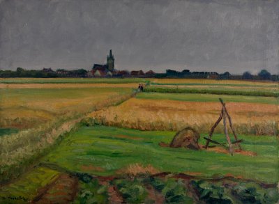 Dutch Landscape, Field with Church in Background — Oil painting, Canvas, 54.00×73.00cm — Theodoros Markellos